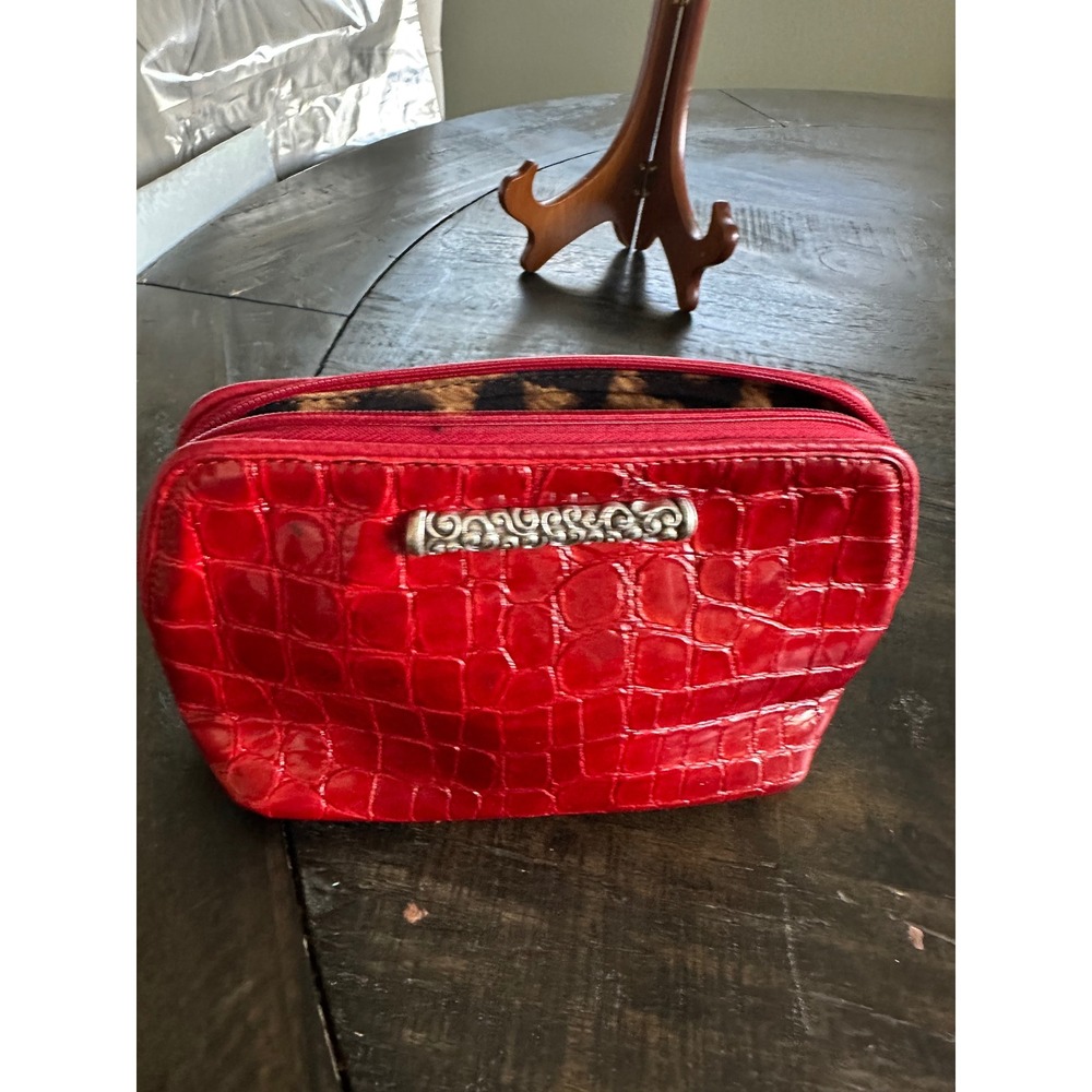 Brighton Red Croc Embossed Patent Leather Cosmetic Pouch Leopard Print Linin GUC